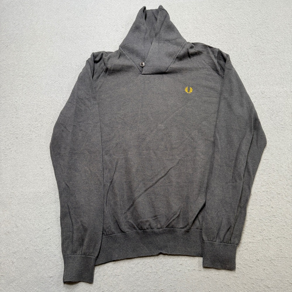 Fred Perry Sweater Mens Large Gray Shawl Collar Ribbed Knit Merino Wool Pullover